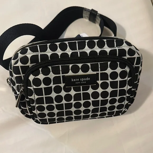 Kate Spade Black Noel Jacquarded Fabric and White Circle Pattern Belt Bag.